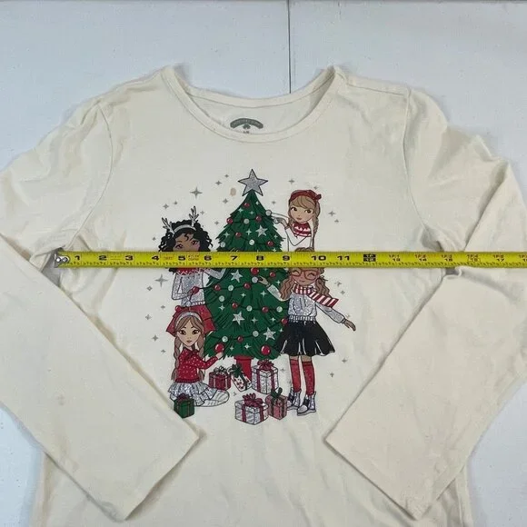 Girls Ivory Long-Sleeve Christmas Graphic Tee With Festive Holiday Tree - Picture 5 of 10